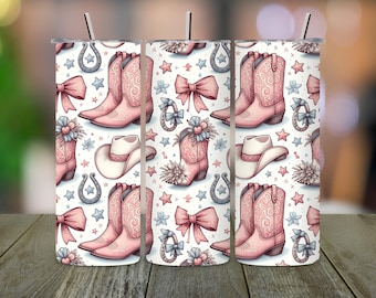 Coquette Cowgirl Tumbler Wrap: Western Boots & Bows PNG (Digital)
