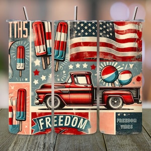 Patriotic Truck 20oz Skinny Tumbler Sublimation Design, American Flag PNG, 4th of July Tumbler Wrap, Seamless Design Digital Download