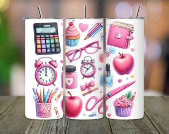 Pink School Supplies Tumbler Wrap: 20oz Skinny Tumbler Design (PNG Digital Download