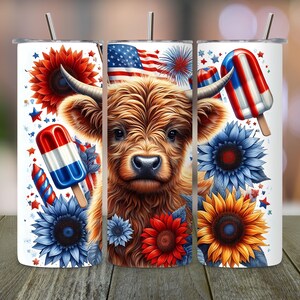 Patriotic Highland Cow 20oz Skinny Tumbler Sublimation Design, USA Flag, 4th of July, Full Wrap PNG Digital Download