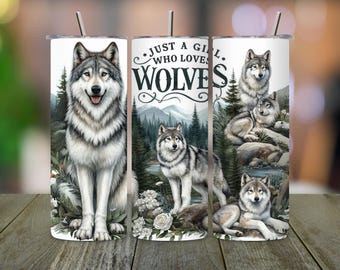 Wolf Tumbler Wrap PNG: Mädchen das Wölfe liebt Sublimationsdesign (Digitaler Download)