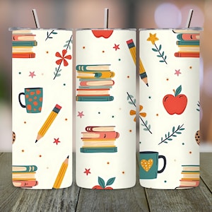 Teacher Tumbler Wrap, Educator Tumbler Png, Coffee Books School Supplies Design, 20oz Skinny Sublimation Wrap, Teacher Gift Download