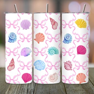 Seashell Coquette Tumbler Wrap PNG, Summer Pink Bows Design, Beachy 20oz Skinny Sublimation, Glam Cup File, Gift for Her Digital Download