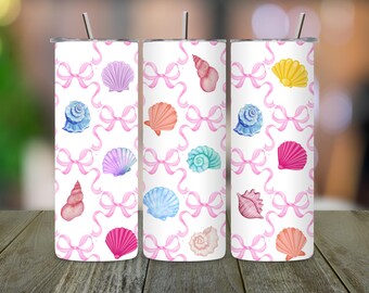 Seashell Coquette Tumbler Wrap: Pink Bows, Beachy Glam (PNG Digital Download)