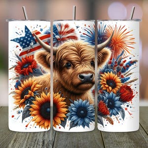 Patriotic Highland Cow 20oz Skinny Tumbler Sublimation Design, USA Flag, 4th of July, Full Wrap PNG Digital Download