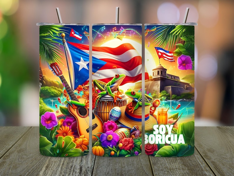May include: A colorful tumbler design featuring a Puerto Rican flag, tropical flowers, a guitar, and two green frogs. The text "Soy Boricua" is printed on the tumbler.