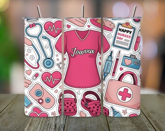 Envoltorio de vaso personalizado de enfermera: Regalo médico rosa, PNG delgado de 20 oz (archivo digital)