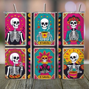 El Cafecito Tumbler Wrap, Spanisches Tarotkarten Tumbler Design, 20oz Skinny Tumble PNG, Mexikanischer Kaffee Loteria Sublimations Download