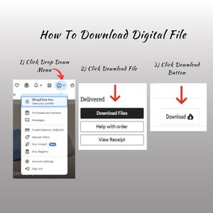 May include: A screenshot showing how to download a digital file on Etsy. The steps are: 1) Click the drop-down menu, 2) Click "Download Files", and 3) Click the "Download" button.
