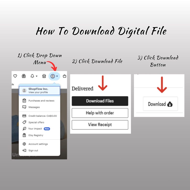 May include: A screenshot showing how to download a digital file on Etsy. The steps are: 1) Click the drop-down menu, 2) Click "Download Files", and 3) Click the "Download" button.