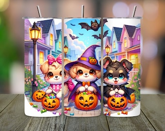 Kubek z motywem psów na Halloween: 20-uncjowy, chudy kubek sublimacyjny PNG (pobieranie cyfrowe)