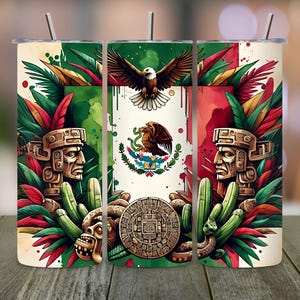 Mexican Flag Tumbler Design, Aztec PNG Wrap, Latino Art (Digital Download)