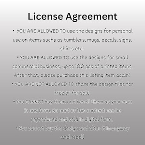 May include: A text-based license agreement outlining the terms of use for digital designs. The agreement states that the designs can be used for personal and small commercial use, but cannot be shared or resold.