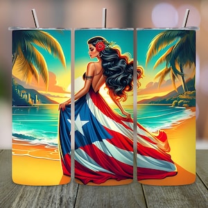 Puerto Rico Tumbler Wrap, Boricua Tumbler Design, 20oz Skinny Sublimation PNG, Beach Latina Woman, Seamless Straight Digital Download