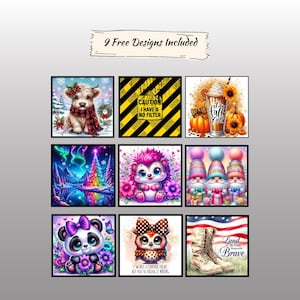 May include: Nine digital designs for embroidery or cross-stitch. The designs include a highland cow, a caution sign with the text "CAUTION I HAVE NO FILTER", a fall-themed design with a pumpkin, a coffee cup, and sunflowers, a winter scene with a snowy forest and a Christmas tree, a hedgehog with pink and purple flowers, three gnomes with red hats, a panda with a black and white face, an owl with a red and white face, and a pair of boots with the text "Land of the Free Home of the Brave".