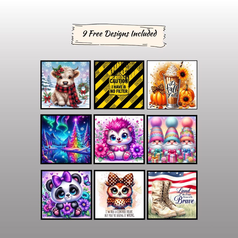 May include: Nine digital designs for embroidery or cross-stitch. The designs include a highland cow, a caution sign with the text "CAUTION I HAVE NO FILTER", a fall-themed design with a pumpkin, a coffee cup, and sunflowers, a winter scene with a snowy forest and a Christmas tree, a hedgehog with pink and purple flowers, three gnomes with red hats, a panda with a black and white face, an owl with a red and white face, and a pair of boots with the text "Land of the Free Home of the Brave".