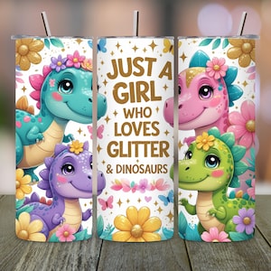 Dinosaur Tumbler Wrap, Girl Dinosaur PNG, Pastel Pink Kids 20oz Skinny Sublimation Design, Just a Girl Who Loves Dinos Download
