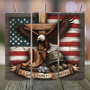 May include: Three sublimation tumblers with a patriotic design featuring a bald eagle with outstretched wings, a wooden cross, and an American flag. The tumblers have the words "God, Family, Country" printed on them.