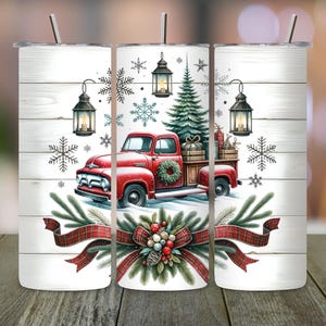 Red Truck Tumbler PNG, Christmas Tumbler Wrap, 20oz Skinny Sublimation, Holiday Truck Design, Vintage Winter Cup Art