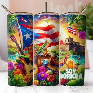 May include: Three stainless steel tumblers with colorful designs featuring a Puerto Rican flag, tropical plants, musical notes, a guitar, a frog, and the text "Soy Boricua".