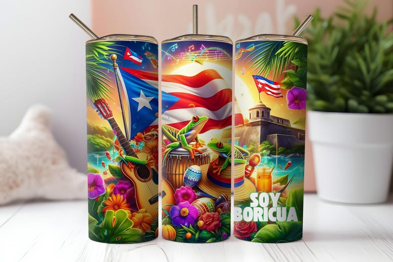 May include: Three stainless steel tumblers with colorful designs featuring a Puerto Rican flag, tropical plants, musical notes, a guitar, a frog, and the text "Soy Boricua".