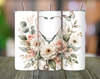 Funda para vaso térmico Floral Nurse, 20 oz, diseño Skinny Doodle (descarga digital PNG)