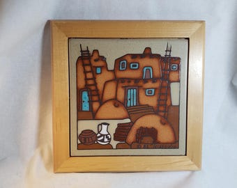 Cleo Teissedre Southwestern Adobe Häuser Keramikfliesenuntersetzer (1982)
