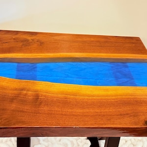 Handcrafted Blue Epoxy River, Walnut Wood & Blue Resin Side Table,Rustic River Flow Table,Natural Wood Meets Artistic Resin