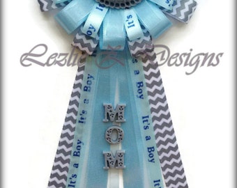 Elephant Baby Shower Corsage Boy Safari Pin Jungle Mommy to Be Clay Favor - Lite Blue Gray/Grey Chevron Ribbon Grandma to be Capia, Pin