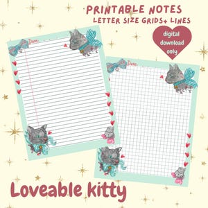 Nota imprimible de gatito adorable / Lindas páginas de notas kawaii / Descarga digital en tamaño carta de EE. UU.