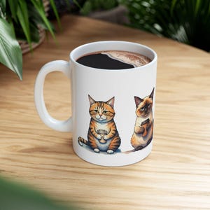 Coffee Cat Funny Mug - Four Cats Sharing Coffee - Cute Animal Mug for Cat Lovers