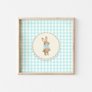 Vintage Flower Bunny Gingham, Baby Boy Room Decor, Boy Woodland Wall Print, Cottage Animal Artwork, Sweet Nursery Wall Art