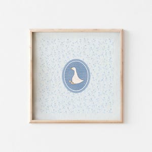 Blue Tiny Flowers Vintage Silly Goose Nursery Art, Floral Baby Room Decor, Boy’s Room Wall Print, Cottage Animal Artwork, Nursery Wall Art