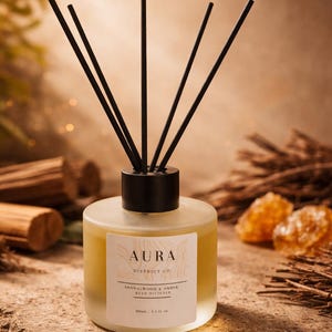May include: Aura District Co. sandalwood and amber reed diffuser. The frosted glass bottle contains a yellow liquid and black reeds. The label reads "Aura" and "Sandalwood & Amber Reed Diffuser". The diffuser is on a stone surface.