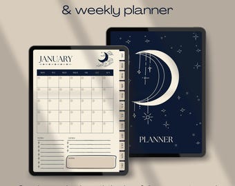 May include: A digital planner with a monthly and weekly layout. The cover features a crescent moon, stars, and the word "PLANNER" in white text on a dark blue background.