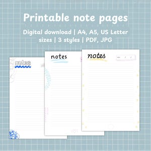 Páginas de notas para impressão, páginas de rabiscos ilustradas, páginas de notas digitais, tomar notas, anotador ilustrado de rabiscos, A4, A5, tamanho Carta dos EUA