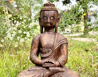 Vintage houten Boeddha meditatie standbeeld handgesneden houten Tibetaans boeddhisme 13"