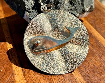 Vintage Whale Pendant Necklace Gold Tone Medallion Retro 60s Estate Jewelry Gift