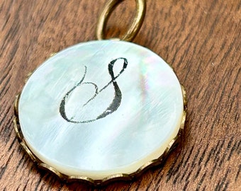 Vintage Mother Of Pearl Initial Charm Letter S Brass Abalone Retro Pendant