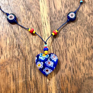 Millefiori Beaded Necklace Blue Heart Glass Pendant Hand Knotted Beads Vintage Estate Jewelry image 1