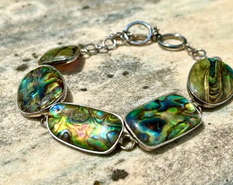 Sterling Silver Abalone Bracelet 925 Marked Inlaid Link Vintage Jewelry Retro Fashion 1990s 90s Beach Shell Mother of Pearl