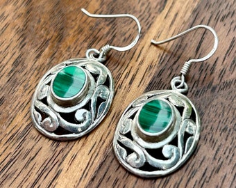 Sterling Silver Malachite Earrings Open Filigree Green Stone Vintage Retro 1960s Jewelry