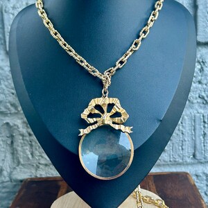 Vintage Magnifying Glass Pendant Necklace Carolee Jewelry Gold Tone Bow Retro Fashion Jewelry image 6