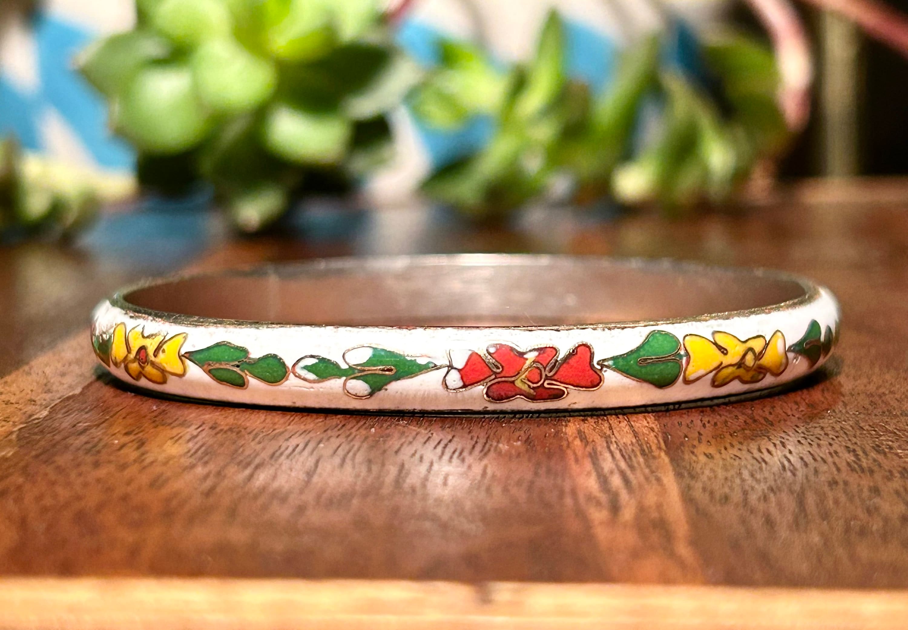 花モチーフ エナメルブレスレット ヴィンテージ七宝焼きバングル ブレスレット エナメル花植物モチーフ