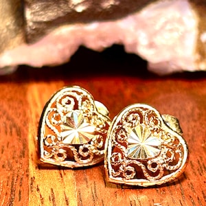 Vintage Gold Tone Sterling Silver Filigree Heart Stud Earrings Retro Jewelry Gift image 1