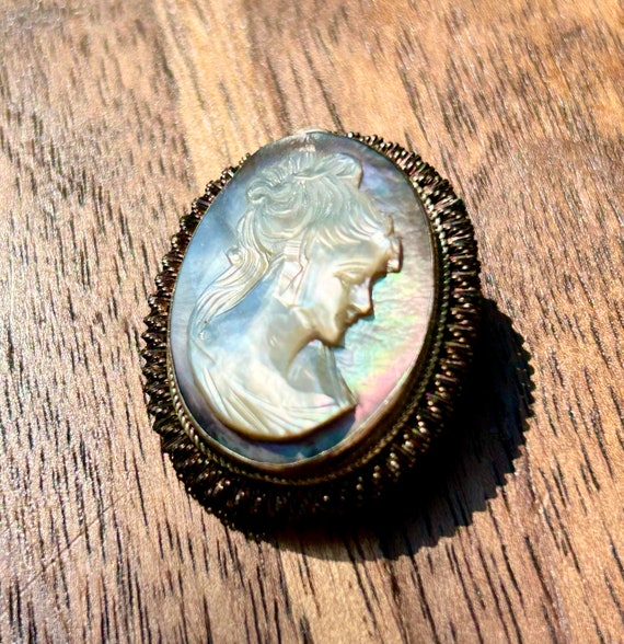 Vintage Mother Of Pearl Cameo 800 Silver Brooch P… - image 9