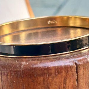 Vintage Monet Enamel Bangle Bracelet Glossy Black Signed Retro Jewelry Gold Tone