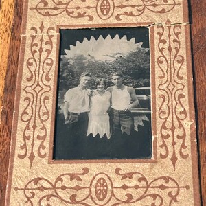 Antique Tin Type Photograph 1920s Flapper Girl With Handsome Men Cardboard Frame Photo image 1