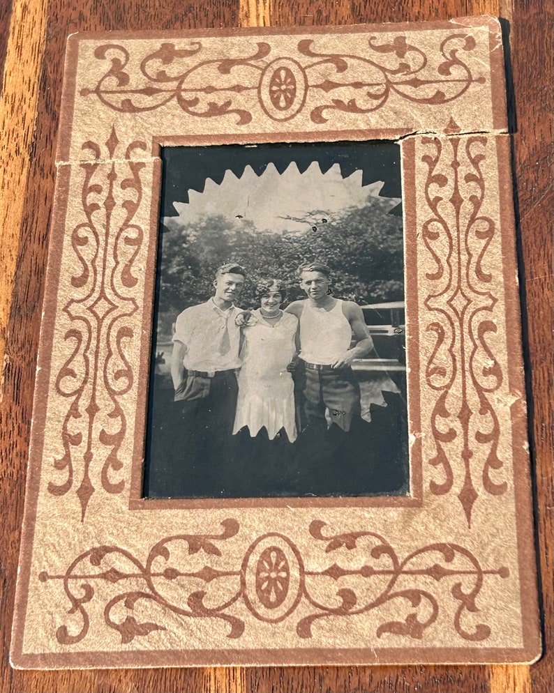 Antique Tin Type Photograph 1920s Flapper Girl With Handsome Men Cardboard Frame Photo image 1