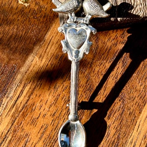 Vintage Sterling Silver Spoon Brooch Heart Love Birds Mid Century Lapel Pin Retro 1940s 1950s Unisex Gender Neutral Jewelry image 2